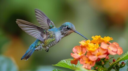 Naklejka premium Colorful hummingbird feeding from vibrant orange flowers in blurred nature background
