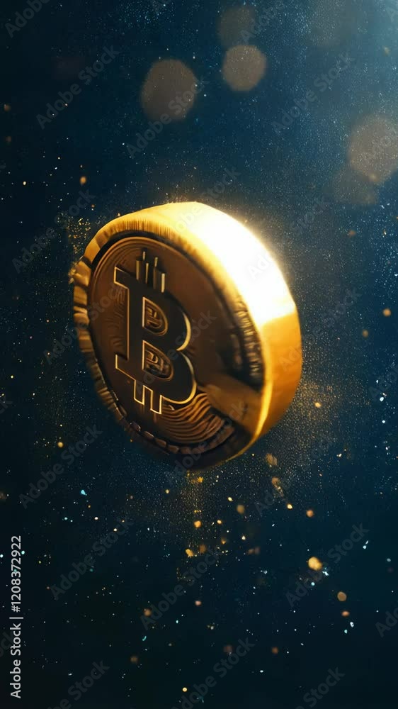 Aufkleber Golden bitcoin rotating in a dark space with golden glitter falling down, creating a luxurious and celebratory atmosphere perfect for representing cryptocurrency, investment, and finance