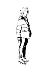 Aged woman in glasses with a cigarette in her hand. Full-body character. Hand-drawn sketch.