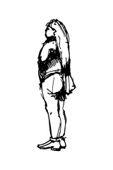 Girl in jeans with a bag on her shoulder. Full-body characters. Black and white hand-drawn sketch. Doodle style vector illustration.