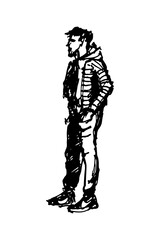 Young man in a jacket, hands in pockets. Full-body character. Hand-drawn sketch.