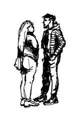 Сouple talking. Full-body characters. Black and white hand-drawn sketch. Doodle style vector illustration.