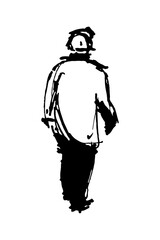 Construction worker man in work clothes and a helmet. Full-body characters. Black and white hand-drawn sketch. Doodle style vector illustration.