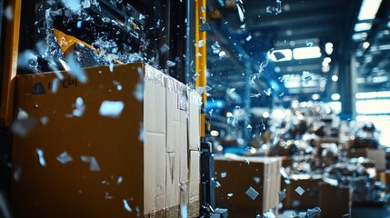 Forklift is lifting cardboard boxes in a recycling center, causing small pieces of paper to fly in the air, creating a dynamic scene of waste management and material processing