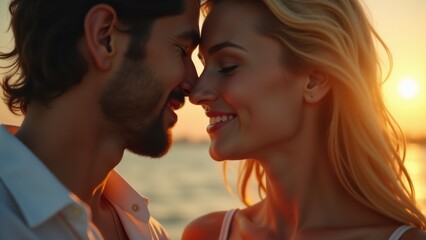 Fototapeta premium A couple sharing smiles and love in warm golden light with a scenic view of the horizon..