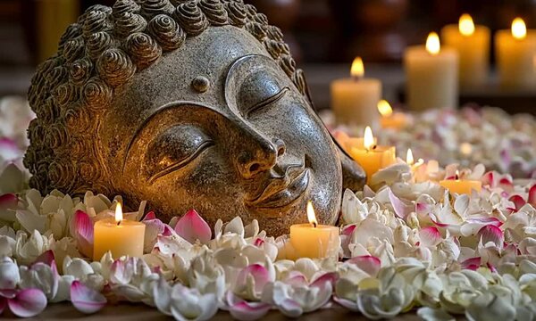 Tranquil buddha head surrounded by soft candlelight and blossoms.