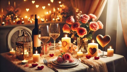 valentine's day romantic table setting decoration with wine, candles and red roses flowers