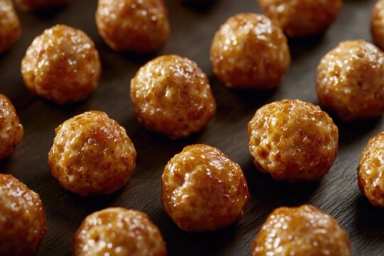 Close-up view of a plate with several meatballs, possibly served as an appetizer or main course