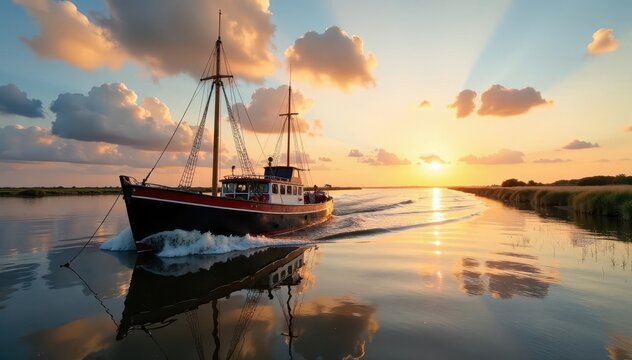 Zeilboot onder het lage zonnetje in stille duinen, zeilboot, stille, zonnetje
