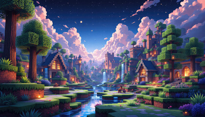 Obraz premium A digital illustration featuring pixel art style, depicting a fantastical landscape with a castle, trees, and a winding river. Pixel art background, pixel art wallpaper