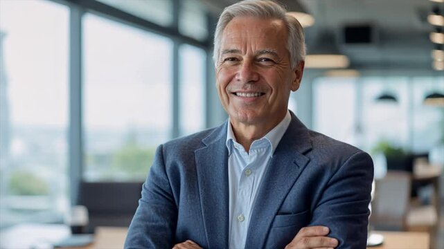A confident old man smiling and crossing his arms in a professional office environment. Success and institutionalization. 02.