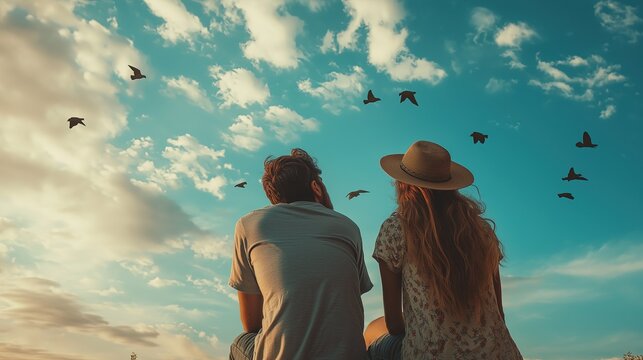 A couple is sitting on a beach, looking up at the sky