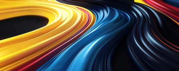 Bold swirls of yellow, blue, and red merging on a solid black backdrop.