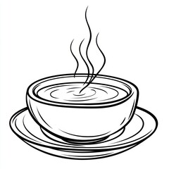 Steaming hot bowl on plate, simple line art. Food illustration for print and digital media