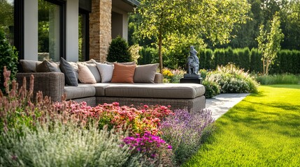 A beautifully designed landscape around a private house, featuring a spacious lawn, decorative garden statues, a variety of flowering plants space includes a cozy outdoor seating area with cushions