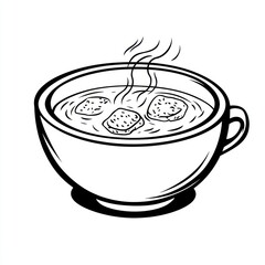 Bowl of hot soup with croutons, steam rising, simple illustration, possible use for recipes
