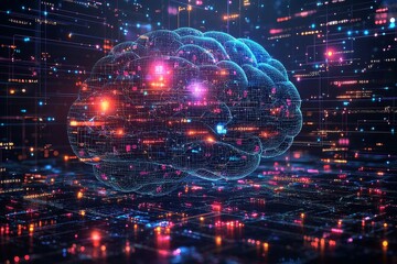 Obraz premium A vibrant illustration of a human brain with interconnected neural pathways, set in a starry cosmic scene