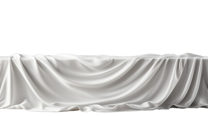 A formal banquet table covered with a white tablecloth, set with glassware and silverware, studio view, isolated on transparent background.
