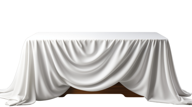 A table with a crisp white tablecloth and floral centerpiece, ready for a celebration, studio view, isolated on transparent background.