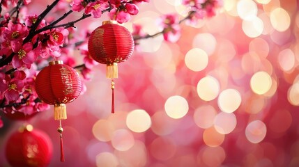 Red Chinese lanterns hang among vibrant pink cherry blossoms with a radiant bokeh background, creating a festive and joyful Chinese New Year ambiance
