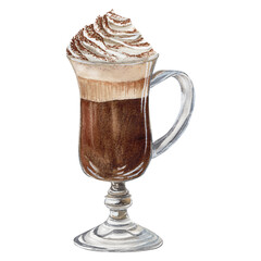 Watercolor illustration of Irish coffee with cream foam and cinnamon in a glass mug on white background