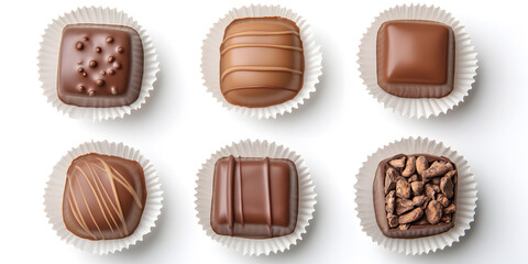 Fototapeta premium Assortment of gourmet chocolate squares, each with unique topping and textures, displayed against a clean white background.