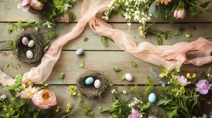 Colorful easter eggs in nests with spring flowers on wooden surface