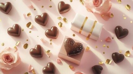 Fototapeta premium Romantic arrangement of heart-shaped chocolates and roses on pink background