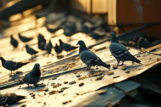 Pigeons perched on urban surfaces, depicting city wildlife and potential pest issues