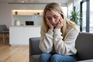 Norwegian woman with toothache in modern dental clinic waiting area.