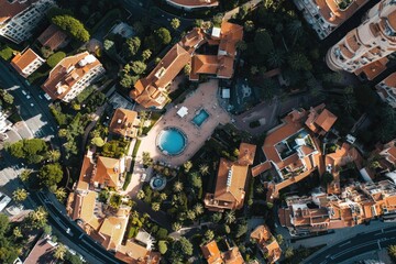 Aerial view of a city with a swimming pool in the foreground, suitable for urban landscape and architecture scenes