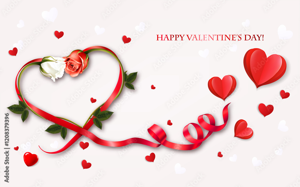 Poster happy valentine's day getting card with two roses and a red heart shape ribbon. vector.