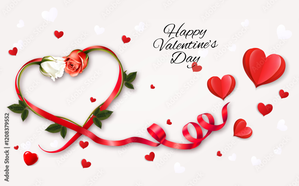 Poster happy valentine's day getting card with two roses and a red heart shape ribbon. vector.
