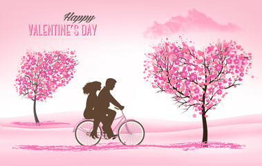 Festive background with Valentine's Day. Bicycle with couple in love and trees with heart-shaped leaves. Vector