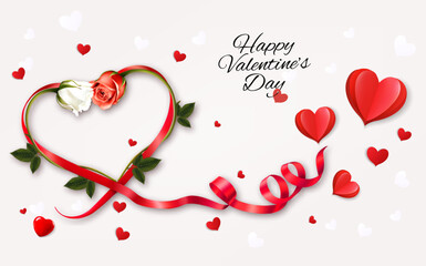 Happy Valentine's Day getting card  with two roses and a red heart shape ribbon. Vector.