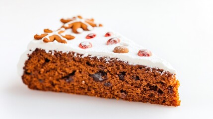 A slice of cake with white frosting and nuts on top, perfect for a sweet treat or dessert