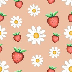 seamless pattern with strawberries and flowers