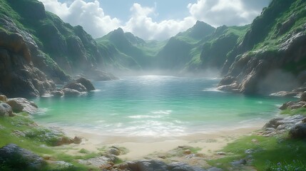 Serene Coastal Cove Nestled Among Verdant Mountains