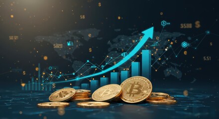 Abstract scene with flying Bitcoin coins and graphs showing the growth of cryptocurrencies