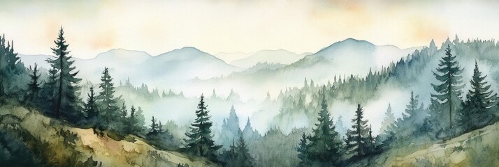 Obraz premium Whimsical Wedding Invitation Suite Featuring Watercolor Landscape of Lush Pines and Wild Nature Scenery