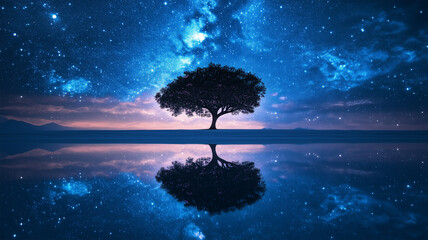 Fototapeta premium 星空とウユニ塩湖に描かれる桜のシルエット