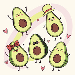Adorable avocado characters having fun adventures 