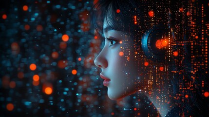 A futuristic and abstract portrait of a woman adorned with headphones, featuring intricate, glowing circuitry that embodies the merging of technology and human consciousness