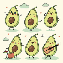 Adorable avocado characters having fun adventures 