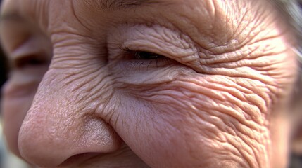 Naklejka premium Close-up view of an elderly face highlighting wrinkles and natural beauty in warm lighting, emphasizing the texture of time