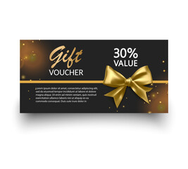 Gift voucher template with Gold realistic ribbon. Vector illustration. Design for invitation, certificate, gift coupon, ticket or voucher