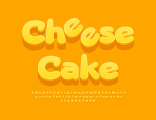 Vector Artistic emblem Cheese Cake. Decorative Yellow Font. Modern 3D Alphabet Letters and Numbers set.