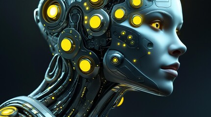 Futuristic robot head with sleek metallic design. The head is decorated with various circular glowing yellow elements.