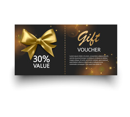 Gift voucher template with Gold realistic ribbon. Vector illustration. Design for invitation, certificate, gift coupon, ticket or voucher