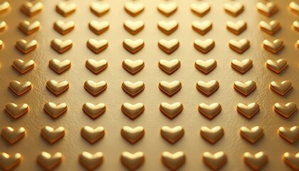 Fototapeta premium Close-Up: Gold Heart-Shaped Decorations Adorning a Wall with Glossy Reflections